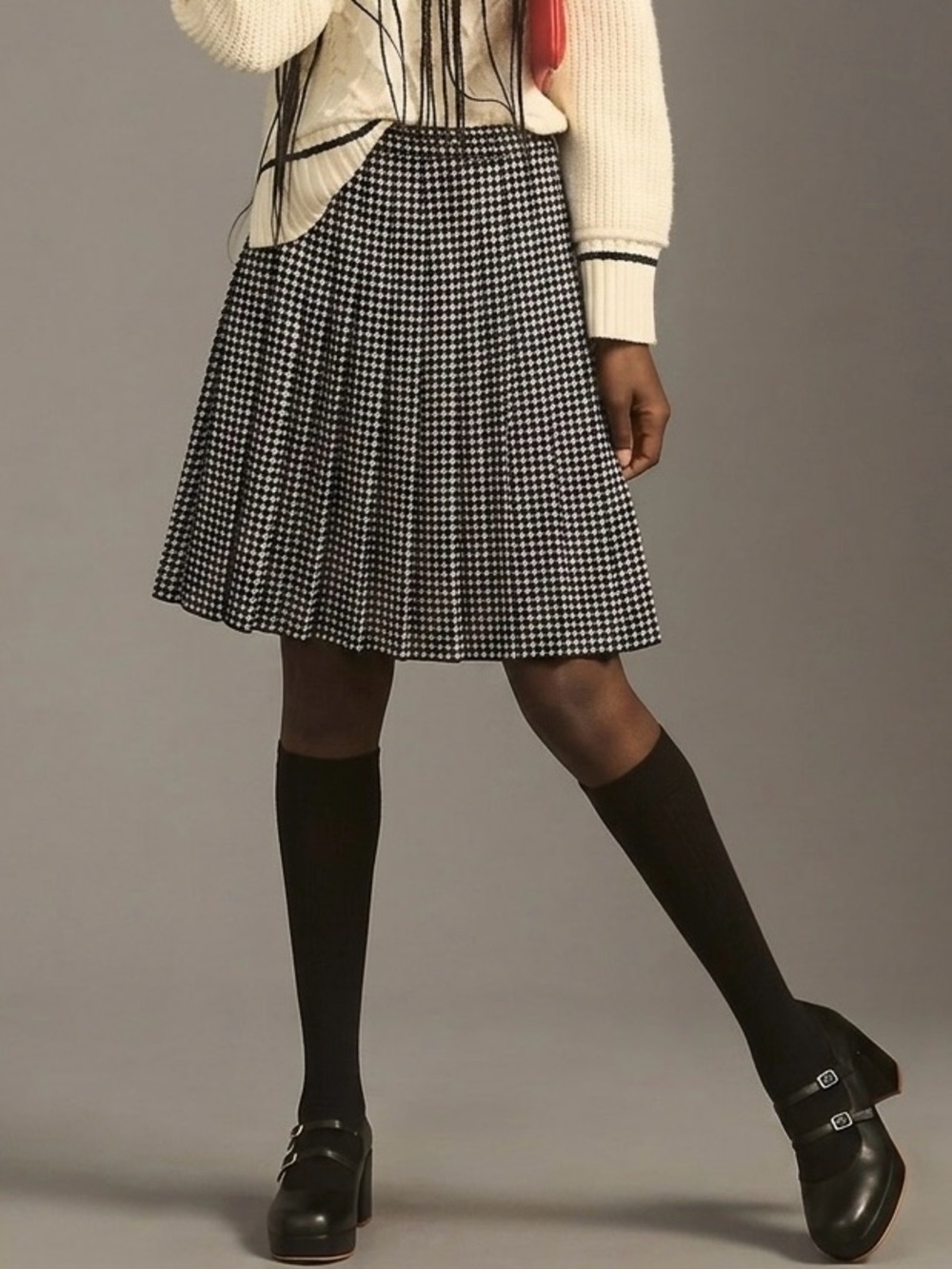 Vintage 70s Houndstooth Pleated Wool Midi Skirt Black White Handmade Lined Sz S - Picture 13 of 13